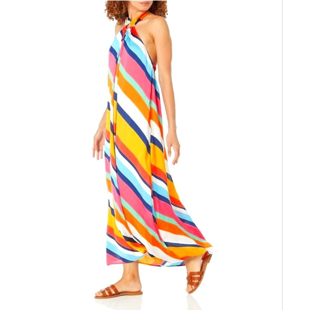 The Drop Women's M Shanna Striped Silky Chiffon Halter Maxi Dress Colorful NWT